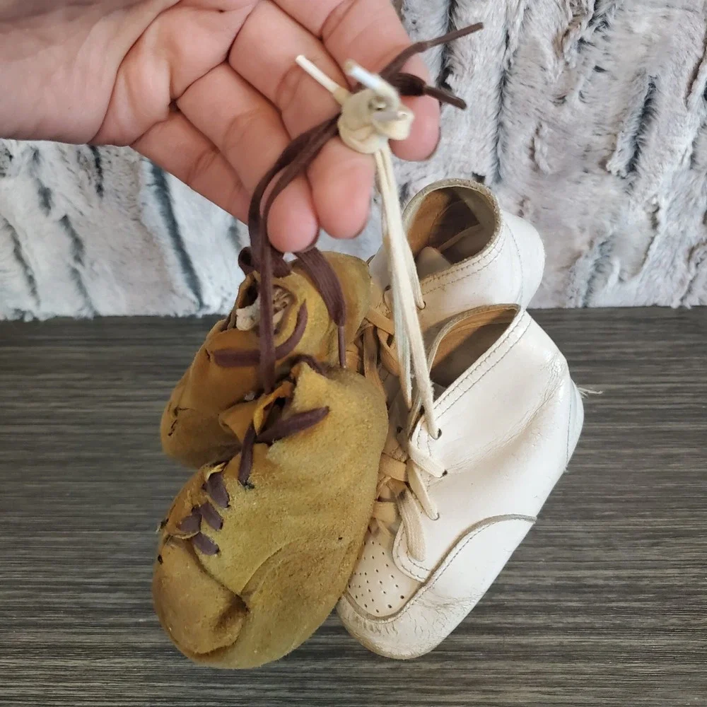Two Pair Vintage‎ Baby Shoes - Well Worn, Brown Leather, White Booties